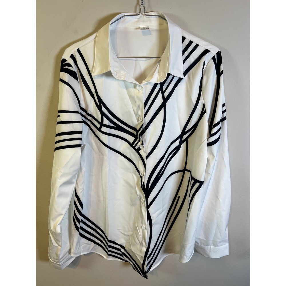 Unbranded Womens Button Down Shirt Abstract Geometric White Black Size‎ XL